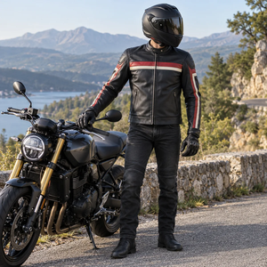 Chaqueta de Motociclista de Cuero Genuino Negro para Hombre, con Bloques de Color, Cuello Alto y Cremallera - Product Image 6