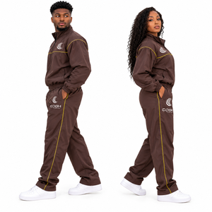 Ensemble de survêtement unisexe marron, veste zippée intégrale et pantalon, couleur unie, polyester, vêtements de sport décontractés, tenue d'automne légère - Product Image 4