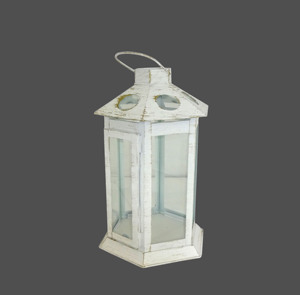 Lanterne à bougie hexagonale en métal blanc vieilli suspendue, grande, avec ouverture ovale, toit incliné, verre teinté rouge, poignée en fil métallique, pour table - Product Image 4