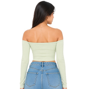 Haut court tricoté à épaules dénudées pour femme, manches longues, couleur unie, chemisier décontracté de haute qualité pour le printemps et l'été - Product Image 2