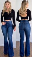 Jean évasé taille haute en denim de coton bleu uni délavé, coupe décontractée pour femme