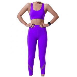 Blue 2 Piece Yoga High Waist Leggings Crop Spandex/Nylon Breathable <b>Lace</b> <b>Elastic</b> Waist Full Length Solid Color - Product Image 5