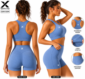 Ensemble de yoga côtelé 2 pièces pour femme X Sports City – Short taille haute sans couture et débardeur dos nageur à col rond, couleur unie, respirant et compressif - Product Image 2