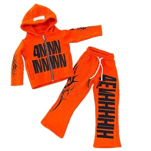 Nouveautés 2025 Ensemble de survêtement pour bébé garçon et fille, comprenant un sweat à capuche et un pantalon empilé, avec appliques en strass et broderie effet vieilli - Product Image 1