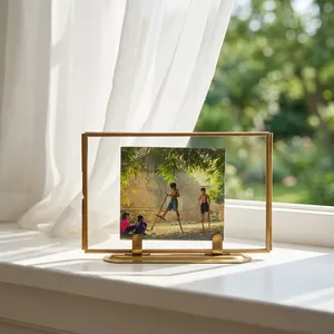 Artisan Design Brass/Glass Rectangle <b>Photo</b> <b>Frame</b> Horizontal Display Stand Desk Decor Tabletop Picture <b>Frame</b> - Product Image 1