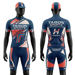 Uniforme de Ciclismo Premium para Mujer, Tela Elástica de Poliéster y Spandex que Absorbe la Humedad, Diseño con Paneles Azules, Rojos y Blancos, Logotipo Personalizado - Product Image 1