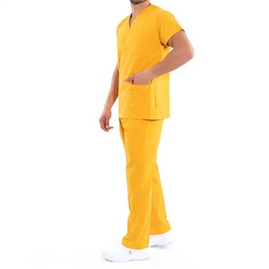 Men's Yellow V-Neck <b>Scrub</b> <b>Set</b> With Pockets Hospital Uniforms Cotton Polyester Woven Fabric Short Sleeve Pants - Product Image 3