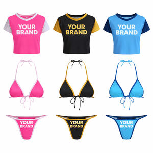 Conjunto de bikini sexy de tres piezas de marca privada con top corto acanalado y pareo, fabricante de trajes de baño sostenibles - Product Image 1