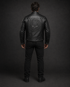 Chaqueta de motociclista de cuero negro para hombre con calavera Will en la espalda - Product Image 4