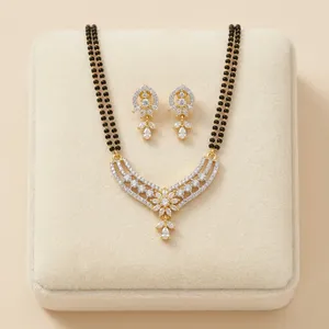 Collier en zircone cubique en gros pour femmes, plaqué or, perles noires, bijoux de mariage indiens pour mariée - Product Image 1