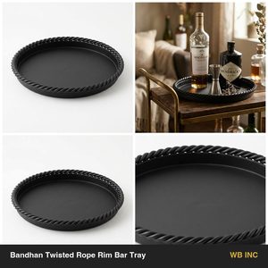 Bandeja de Hierro Hecha a Mano de 28 cm con Borde de Cuerda Trenzada, Diseño Bandhan Negro Mate para Decoración del Hogar, Hoteles, Bodas, Decoración de Mesa - Product Image 5