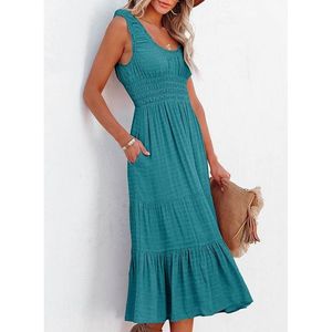 Abito estivo casual XL senza maniche, smock, midi, a vita alta, fluido, a trapezio, blu lago, con tasche - Product Image 1
