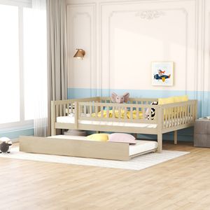 Lettino in Legno per Bambini a Grandezza Naturale con Letto Estraibile e Sponde di Sicurezza in Legno Naturale - Product Image 1