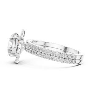 Anillo de Compromiso Solitario Ovalado Moderno en Oro con Halo Oculto y Banda Doble Pavé, Joyería de Diamantes Sostenible para Novias - Product Image 3