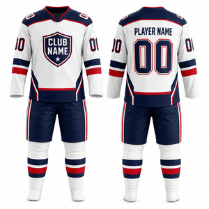 Ensemble de maillots de hockey sur glace personnalisés MEGAMAPLE, vêtements de sport pour hommes, blanc, marine, rouge rayé, toutes saisons, impression par transfert thermique - Product Image 1