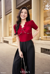 Plain Dyed Women's V-Neck Bow Detail Crop Blouse THETIS Vietnam VIVI KA Casual Spandex / Polyester <b>Balloon</b> Sleeve - Product Image 3