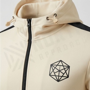 Survêtement à capuche pour homme, couleur crème, logo géométrique, fermeture éclair intégrale, vêtements de sport décontractés, tenue d'automne avec poches latérales - Product Image 4