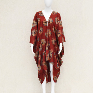 Abstract Print Boho Kaftan <b>Dress</b> Red Cotton Blend <b>Tunic</b> Batwing Lounge Cover Up - Product Image 3