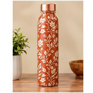 Botella de Agua de Cobre con Diseño de Loto Dorado, Negra con Diseño Floral Dorado, Portátil para Viajes - Product Image 2