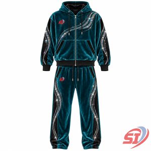 Conjunto de Sudadera con Capucha y Pantalones de Terciopelo Personalizado Teal Mirage Empire, 280 GSM, con Cristales de Imitación, Sudadera con Capucha Premium con Cristales de Imitación - Product Image 1