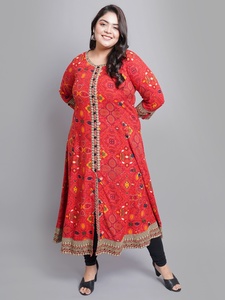 Red Bandhej <b>Print</b> Rayon Anarkali Kurti With Round Neck And Three Quarter Sleeves For Plus Size Women's Fashion - Product Image 1