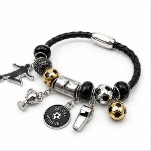 Bracelets de football avec breloques en acier inoxydable, bracelet en cuir tressé pour les fans de football, accessoires sportifs - Product Image 2