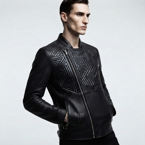 Veste de motard en cuir véritable noir pour homme Vanek International, col montant, fermeture éclair, motif géométrique embossé, coupe ajustée - Product Image 4