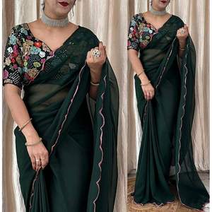 TREANDING GEORGETTE ARC BORDER WORK SAREE AVEC BLOUSE SANS COUTURE VERT - Product Image 1
