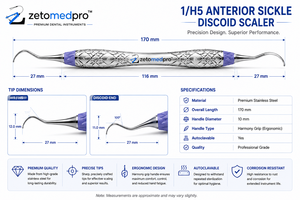 เครื่องมือขูดหินปูนฟันสแตนเลสสตีล รุ่น Premium Dental 1/H5 Anterior Sickle Discoid Scaler สำหรับงานปรับสภาพเหงือก OEM Zetomed Pro - Product Image 6