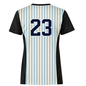Maillot de softball en sublimation intégrale, bleu crème à rayures fines, col en V, manches noires, uniforme d'équipe personnalisé avec numéro au dos - Product Image 3