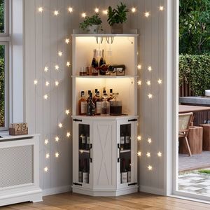 Mobile Bar da Vino Stile Fattoria da 170,5 cm con Presa di Corrente, Ripiani Regolabili, Materiale in Metallo per Uso Domestico, Vetro con Luci - Product Image 4