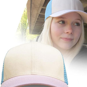 Gorra Trucker Unisex de Malla Beige y Azul, 6 Paneles, Ajustable, Visera Rosa, Casual, Primavera/Verano - Product Image 4