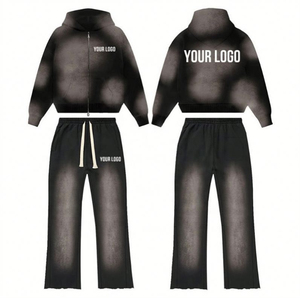 High Quality Winter Hip Hop Thermal Casual Zip Hoodie Distress <b>Pants</b> Tracksuit Custom Two Piece Streetwear 100% <b>Wool</b> Fleece 300g - Product Image 3