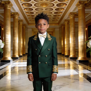 Costume de smoking vert foncé brodé or pour enfants – Costume formel croisé pour garçons pour mariage et fête - Product Image 1