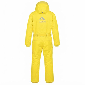 Combinaison de ski jaune imperméable en polyester avec logo personnalisé OEM pour femmes, combinaison d'hiver à capuche avec ceinture et poches - Product Image 4