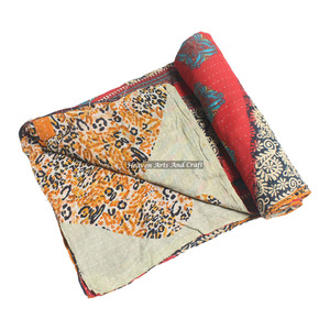 Bedspread Bedding <b>Blanket</b> Indian 100% Cotton Vintage Handmade Kantha Quilt Throw Indian Reversible Hand Stitched Heavy Throw Old - Product Image 1