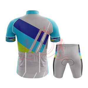 Ensemble maillot et short de cyclisme pour homme, bleu, gris, violet, vert, motif géométrique, manches courtes avec short rembourré - Product Image 2