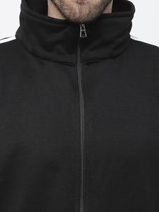 Ensemble de survêtement noir pour homme avec sweat à capuche zippé et bandes blanches, couleur unie, style sportif décontracté, respirant, en polyester, idéal pour l'automne - Product Image 2