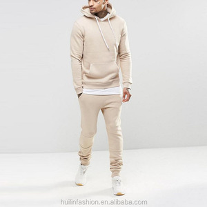 Survêtement à capuche beige pour homme, couleur unie, coupe décontractée, longueur intégrale, vêtement d'automne respirant, coupe régulière, poches latérales, 100% coton - Product Image 2