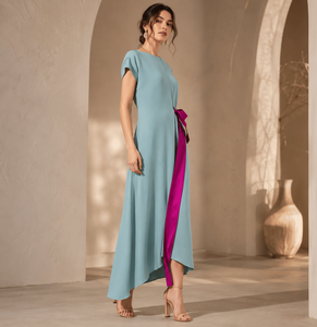 Elegant Satin Midi <b>Dress</b> With Asymmetric Hem And Purple Ribbon Bow Cap Sleeve O-Neck A-Line Party <b>Dress</b> Support Custom Design - Product Image 2