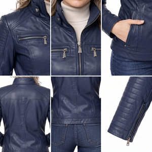 Chaqueta de Cuero Casual para Mujer, Otoño Invierno, Cuello Alto, Cierre Completo, Chaqueta de Cuero Genuino, Chaqueta de Cuero Estilo Moto con Bolsillos en el Pecho - Product Image 6