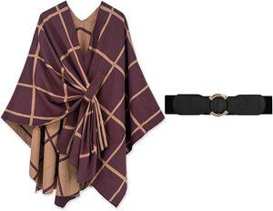 Poncho châle cape pour femme bordeaux à imprimé géométrique avec ceinture, idéal pour les voyages décontractés automne-hiver et le quotidien - Product Image 3