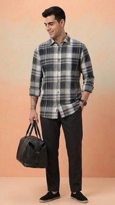 เสื้อเชิ้ตผ้าฝ้ายลายสก๊อตกระดุมสองแถวสำหรับผู้ชาย, เสื้อเชิ้ตแขนยาวคอปกแบบเปิดลงระบายอากาศสไตล์ฤดูร้อน - Product Image 3