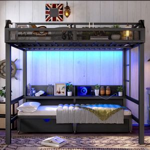 Letto a Castello in Metallo con Ripiani Portaoggetti e Luci LED, Porte USB Multifunzionali, Modello Inferiore B - Product Image 3