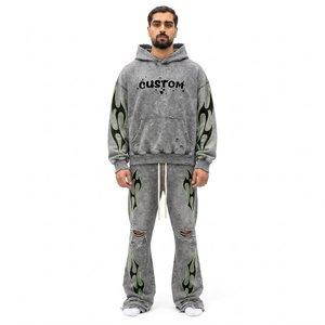 Ensemble de survêtement gris à capuche pour homme, 100 % coton épais et respirant, imprimé flamme noir et vert, streetwear, longueur intégrale avec cordon de serrage - Product Image 1