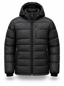<b>Men's</b> Black Hooded Puffer <b>Jacket</b> Waterproof Windproof <b>Smart</b> Casual Zipper Front Logo 100% Polyester Winter Regular Length - Product Image 1