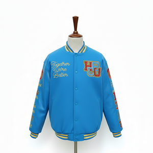 เสื้อแจ็คเก็ตสีเขียวสำหรับผู้ชาย แขนเสื้อหนัง PU ปักโลโก้ HRGU ร่วมมือกันเราดีกว่า เสื้อโค้ทลำลองสำหรับฤดูใบไม้ร่วง - Product Image 5