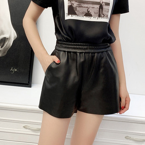 Women's High Waist Green <b>PU</b> Coated <b>Shorts</b> With Pockets Casual Loose Fit Elastic Waist Satin Fabric - Product Image 2