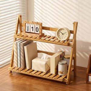 <b>Foldable</b> Bamboo 2 Tier <b>Desk</b> Organizer Shelf Slatted Storage Rack Standing Display Holder for Office Kitchen - Product Image 1