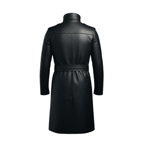 Manteau long en cuir véritable noir pour homme, col à revers, double boutonnage, avec ceinture, manches régulières - Product Image 6